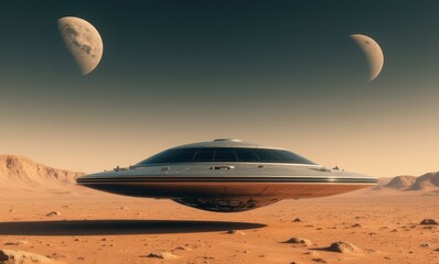 Futuristic spaceship flying over Martian landscape