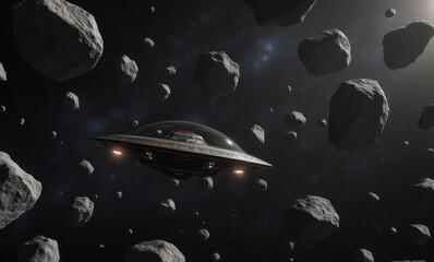 Futuristic spaceship navigating asteroids in space