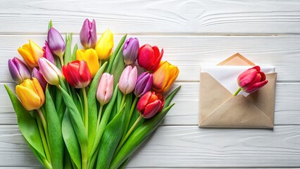 Fototapeta premium Spring Tulips Flatlay: Colorful Flowers & Envelope on White Background