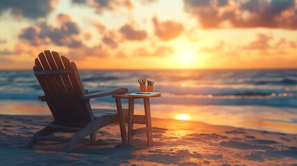 Fototapeta premium A rustic wooden lounge chair on a quiet beach, paired with a small table holding pencils, brushes, and an art journal, the background featuring gentle waves and a setting sun casting golden hues,