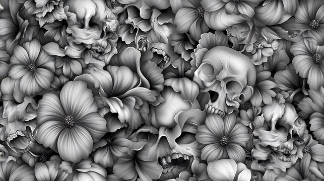 Floral Skull Symphony: A Monochromatic Dance of Skulls and Flowers