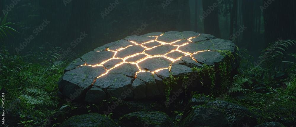 Poster lost world legend concept. ancient stone slab with glowing patterns in a mystical forest setting.
