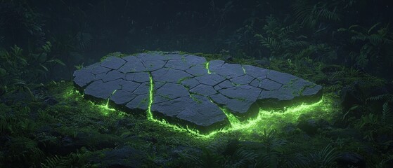 Lost world legend concept. Glowing green cracks on a stone slab in a dark forest setting.