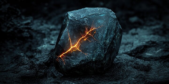 Lost world legend concept. Glowing rock with crack radiating warm orange light in dark surroundings.