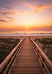 Obraz premium Serene beach sunrise with wooden walkway and ocean waves