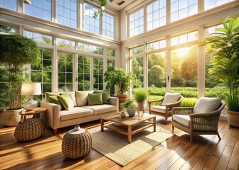 Fototapeta premium Sunlit Sunroom with Wicker Furniture: Bright and Airy Interior Design Stock Photo