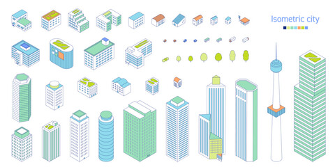 アイソメトリックのビルと住宅のイラスト。組み合わせて街や都市を作れる素材のセット。