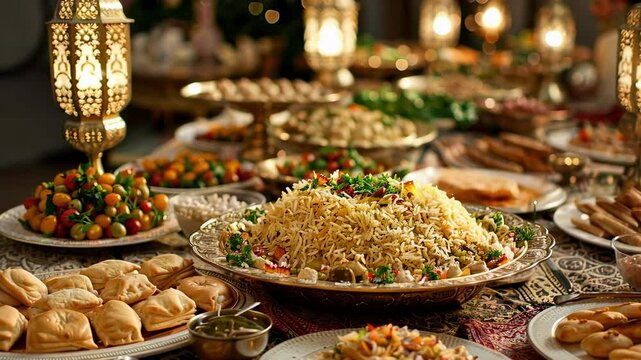 A lavish iftar meal spread with traditional Middle Eastern dishes, golden lanterns in background. Biryani, Maamoul, sheer khurma. Ramadan and Eid al-Fitr celebrations