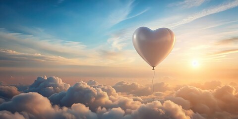 Fototapeta premium Heart-shaped balloon ascends through a breathtaking sunset sky, floating serenely above a sea of fluffy clouds, a symbol of hope and dreams taking flight.