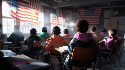 Obraz premium A classroom scene where students learn about Abraham Lincoln and George Washington on Presidents' Day