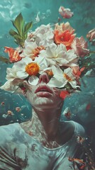 Submerged Woman with Flowers: Surreal Underwater Portrait