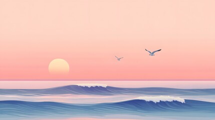 Seagulls flying over a vibrant sunset at the beach with the sun setting over the horizon and reflecting on the ocean waters