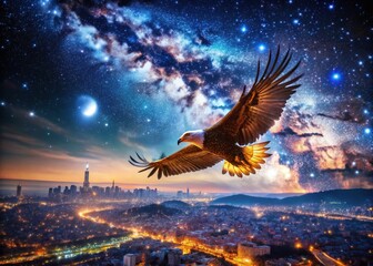 Surreal Football: Black and White Eagle Soaring Over a Starry Istanbul Night