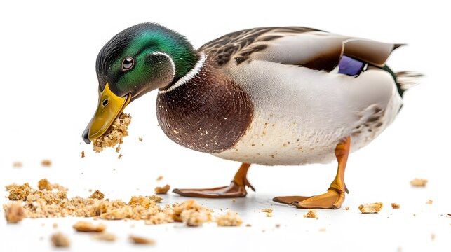 91. A duck eating bread crumbs, waddling in front of a white background
