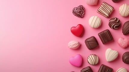 Fototapeta premium Colorful chocolates on a pink background.