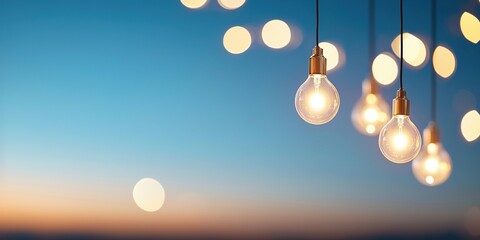 Public release announcement concept. Hanging light bulbs against a soft sunset backdrop.