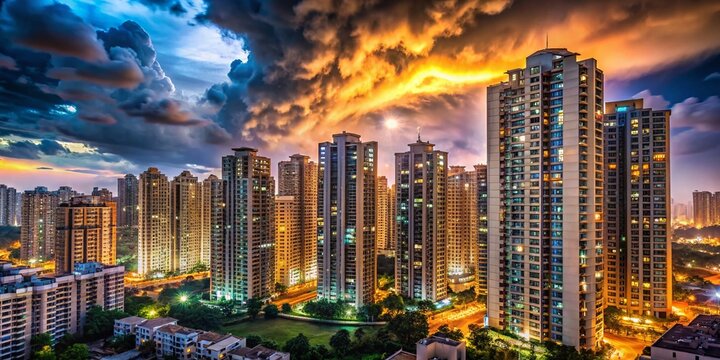 Surreal Night: Noida Skyscrapers & Residential Towers, Cloudy Cityscape