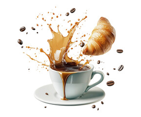 Coffee splash with croissant and coffee beans on a porcelain cup PNG