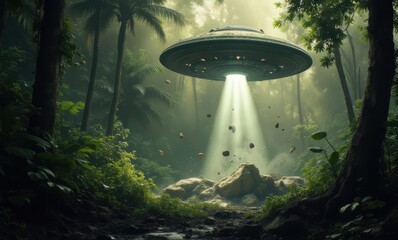 Mysterious UFO in a lush jungle