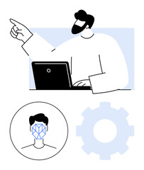 Man using laptop with facial recognition framework and gear icon. Ideal for AI technology, facial recognition, biometrics, innovation, IT development, data processing, abstract line flat metaphor