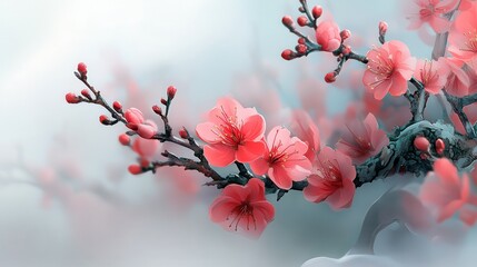 A tranquil garden scene with plum blossoms for the Chinese New Year