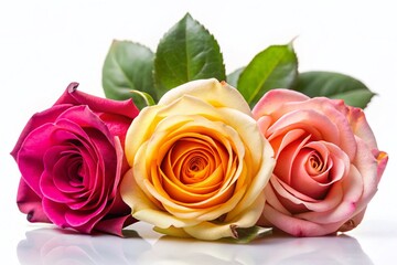 Naklejka premium Three Exquisite Roses Isolated on White - Creative Banner with Copyspace