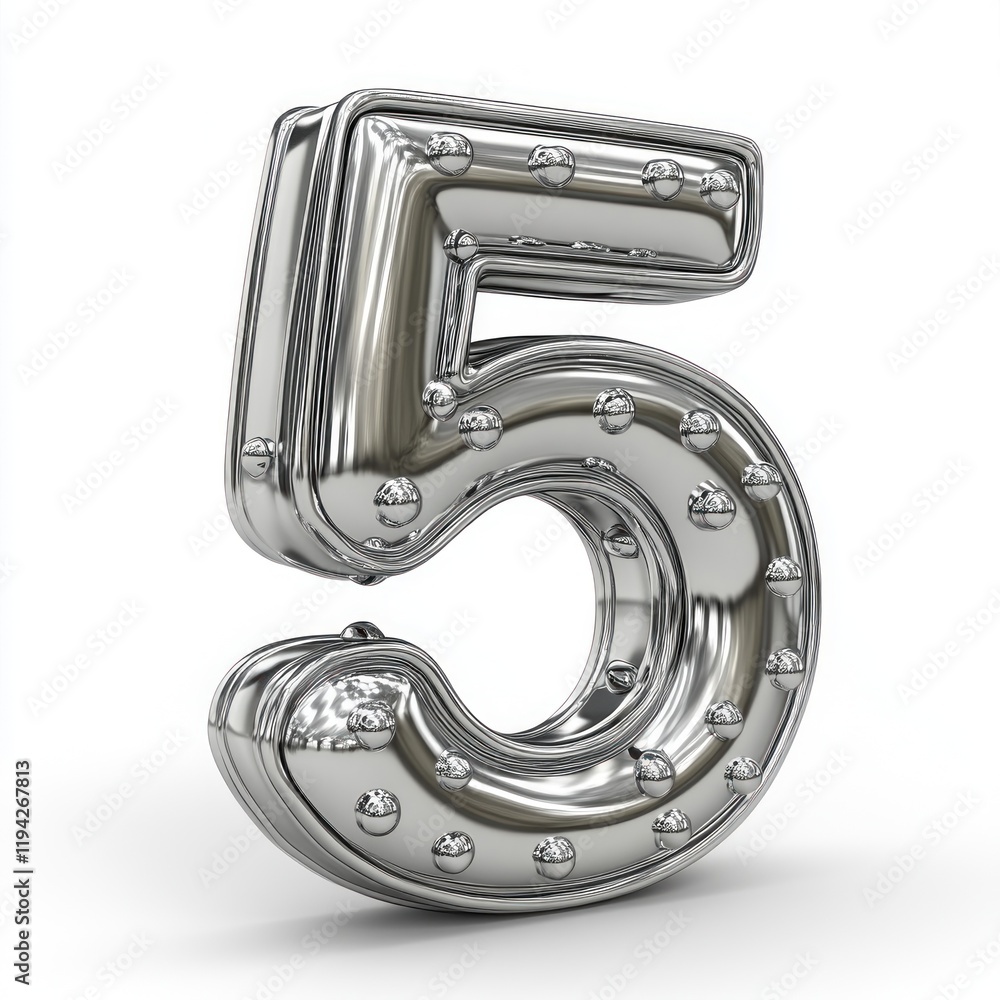Poster chrome number five: a 3d render of a shiny metallic digit
