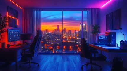 A cozy yet edgy podcast studio with dim lighting, glowing neon signs, and a window offering a breathtaking view of a city lit up at night. The setup includes minimalist furniture and sleek tech,