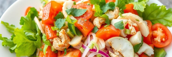 Fresh and colorful blue crab papaya salad with a mix of ingredients like shredded green papaya, juicy tomatoes, and tangy lime dressing, culinary, green papaya