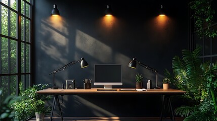 Obraz premium A dark podcast studio with matte black walls, a sleek wooden table, and modern microphones. Dim golden spotlights create dramatic shadows, while minimalist decor enhances the mysterious ambiance,