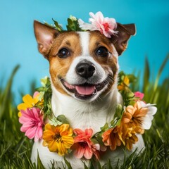 A cute Jack Russell Terrier puppy with a flower in its fur, sitting on the grass