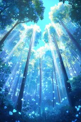 an enchanted forest, with a blue sky and god rays in blue hue
