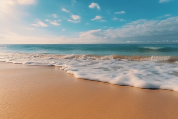 Gentle waves crashing on a sandy beach under a blue sky tropical beach panorama, seascape with a wide horizon, showcasing the beautiful expanse of the sky