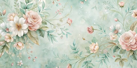 Serene Pastel Floral Arrangement Delicate Roses and Blooms on a Soft Mint Green Background