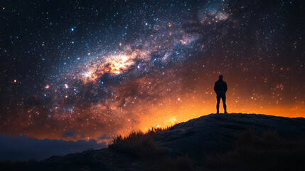 Night sky observation reveals breathtaking galaxy view from mountain peak