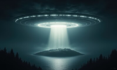Mysterious UFO hovering over a secluded island