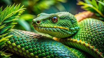 Fototapeta premium Venomous Viper Snake in Lush Green Habitat - Rule of Thirds Composition