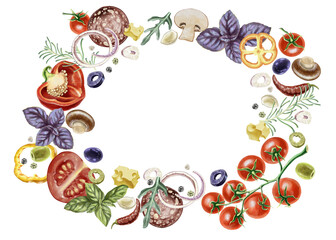 Oval frame made of vibrant assorted of fresh groceries, including vegetables, herbs, cheese and meat. Perfect for restaurant menus, kitchen decor, food packaging, or culinary blog visuals. Watercolor