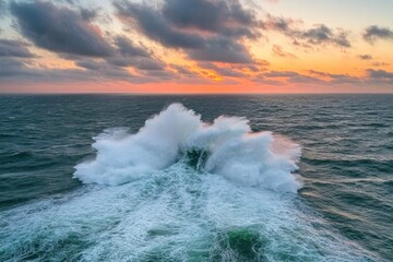 Dramatic Ocean Wave Crashing at Sunset Vibrant Colors Powerful Nature Scene