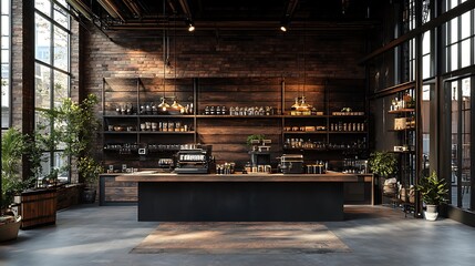 A high-end industrial podcast studio with reclaimed wood paneling, black metal shelves, and hanging lights with brass finishes. The backdrop showcases rugged brick walls and an open urban loft layout,