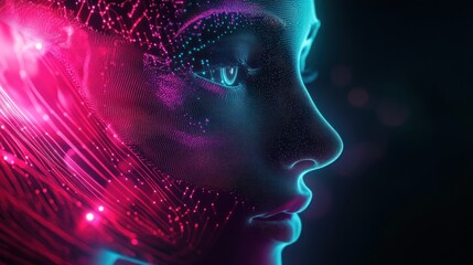 A futuristic digital face with neon colors and circuit-like patterns.