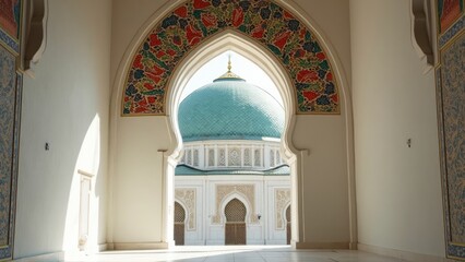 Obraz premium Colorful Ornamental Arabic Tiles View Through Mosque Window in a Peaceful Setting