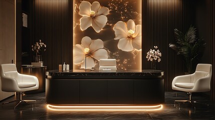 A high-end studio with a polished black marble table, chairs upholstered in white leather, and an elegant backdrop with glowing LED accents and subtle floral patterns.