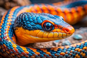Fototapeta premium Vibrant Blue-Orange Snake Head & Body, Urban Decay, Striking Yellow & Orange Stripes, Grunge Background, Detailed Macro Shot