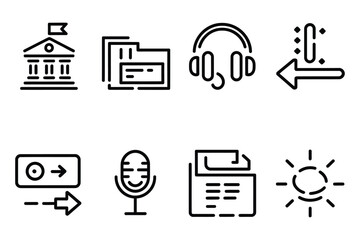 Minimalist Black Line Digital and Business Icon Set - Bank, Headphones, Exit Arrow, Microphone, Dropdown Arrow, Sparkle