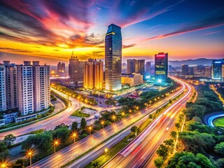 Fototapeta premium Vibrant Dongguan Cityscape: Modern Architecture & Urban Life in Guangdong Province