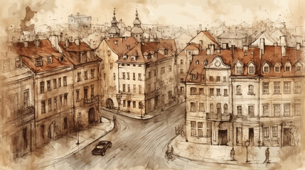 Naklejka premium Vintage European Street Watercolor Illustration