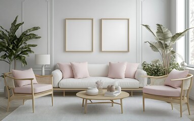 Elegant living room, pastel decor, plants, calm atmosphere, interior design inspiration
