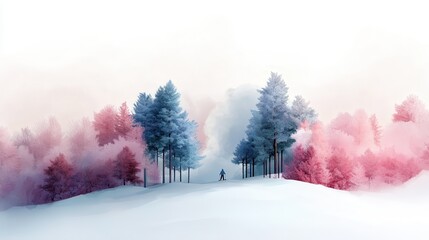 Fototapeta premium A serene winter forest with skiers and snowboarders enjoying the snow.