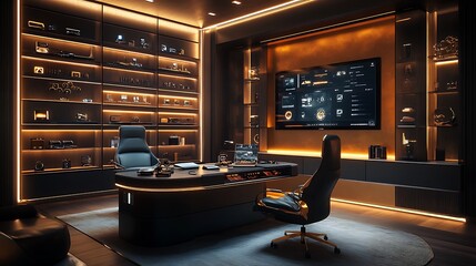 A luxurious tech studio with a carbon fiber desk, ambient LED lighting, and a background wall displaying sleek shelves of tech gadgets. A high-definition screen hangs on the wall,